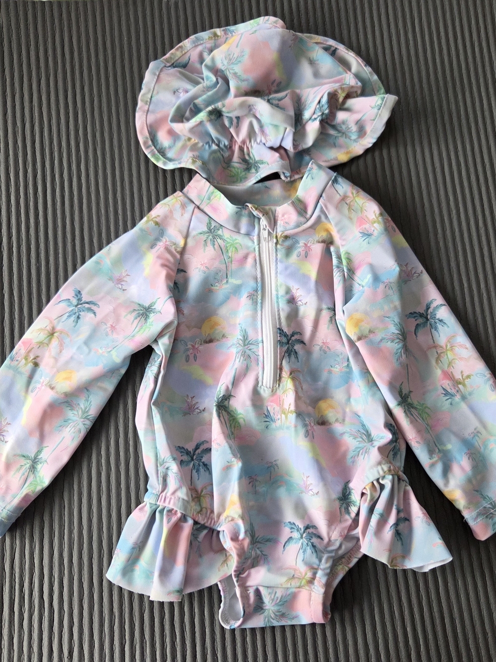 Tropical Whimsy Swimsuit One Piece With Hat Multi-color Pastels 9-12 Months
